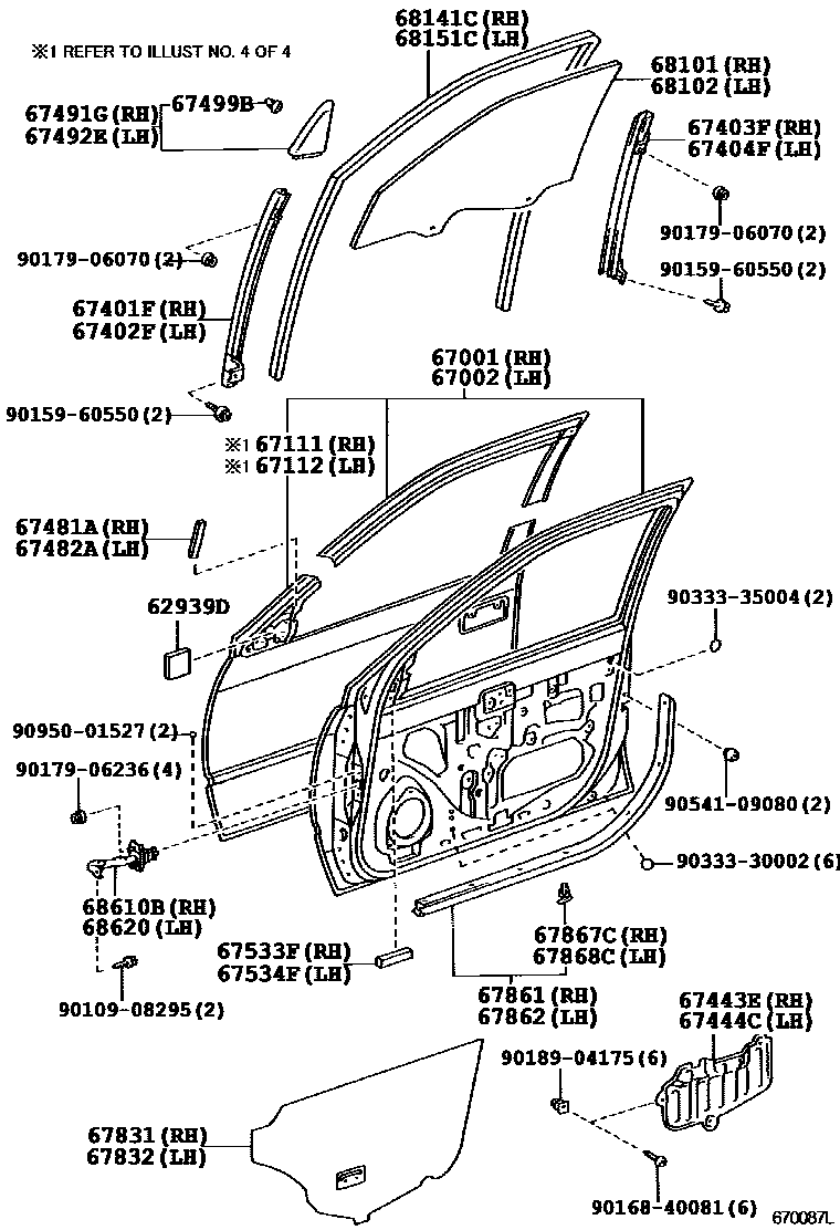 Toyota CAMRY 前门板和前门玻璃 EPC diagram — 670087L