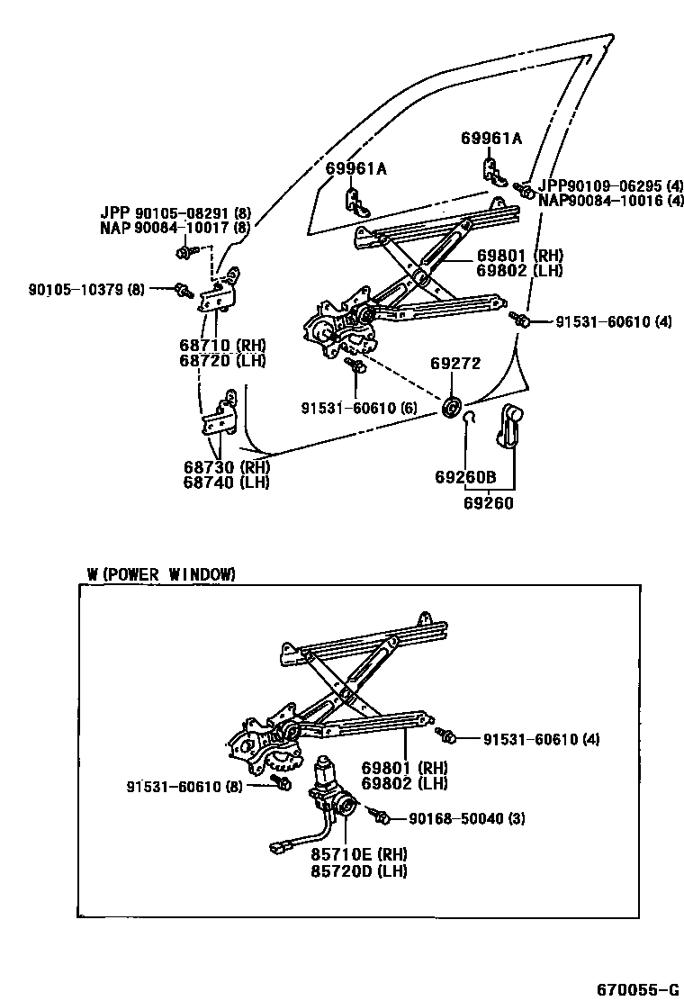 Toyota CAMRY 前门车窗升降器和合页 EPC diagram — 670055G