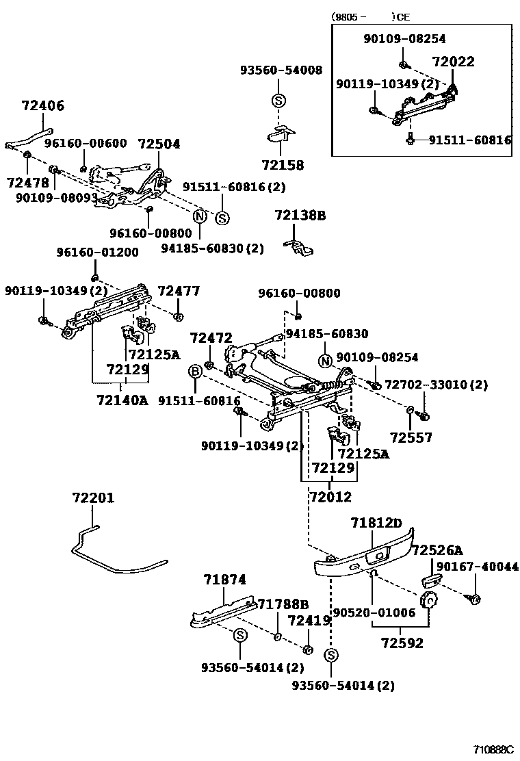 Toyota CAMRY 前排座椅和座椅滑轨 EPC diagram — 710888C