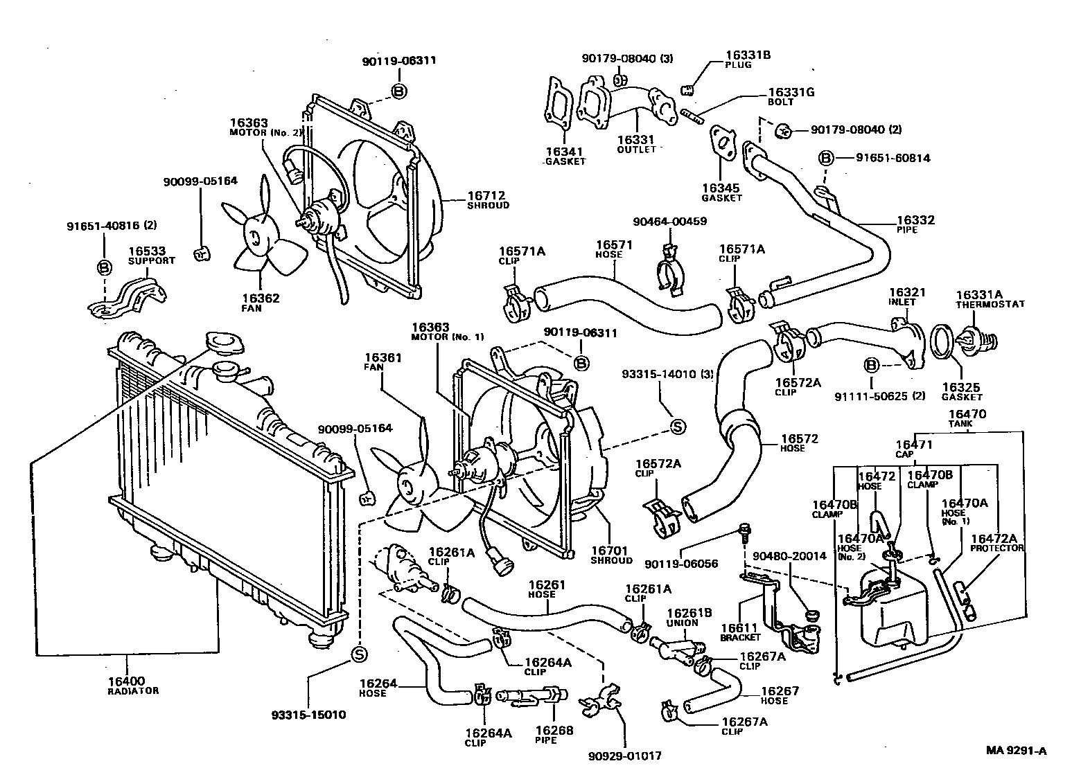 Toyota CAMRY RADIATOR & WATER OUTLET EPC diagram — MA9291A