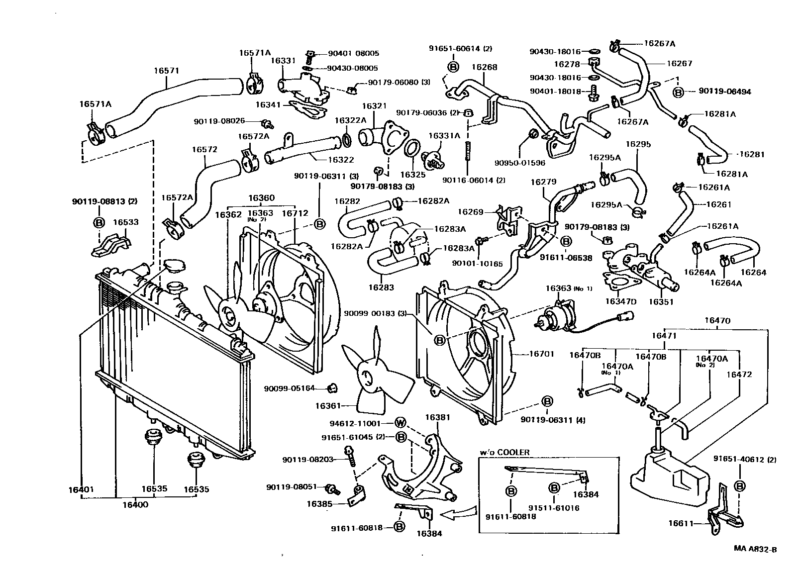 Toyota CAMRY RADIATOR & WATER OUTLET EPC diagram — MAA832B