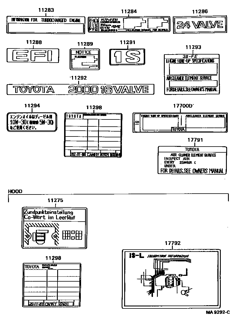 Toyota CAMRY 警示铭牌和名称铭牌(发动机) EPC diagram — MA9292C