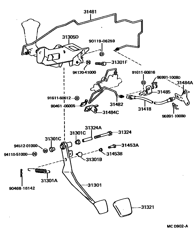 Toyota CAMRY 离合器踏板和挠性软管 EPC diagram — MCD902A