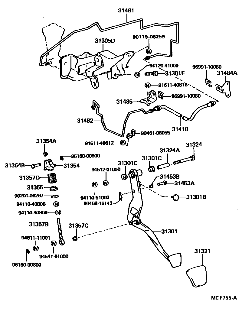 Toyota CAMRY 离合器踏板和挠性软管 EPC diagram — MCF755A