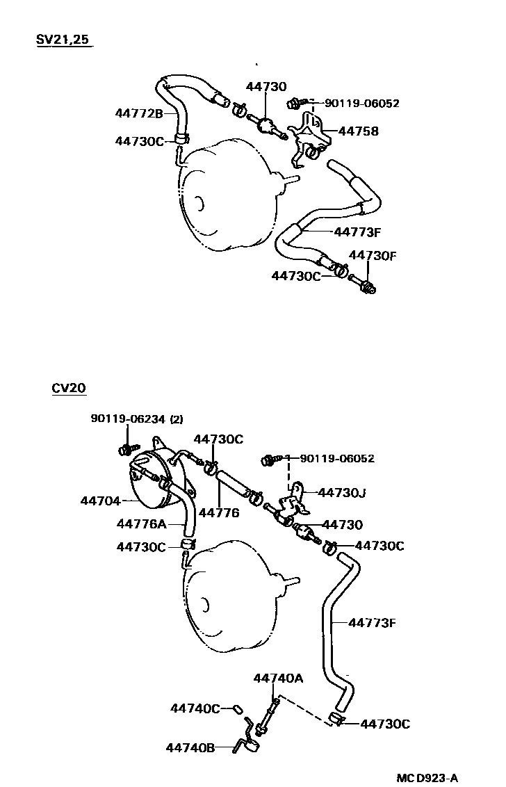 Toyota CAMRY 制动助力器和真空管 EPC diagram — MCD923A