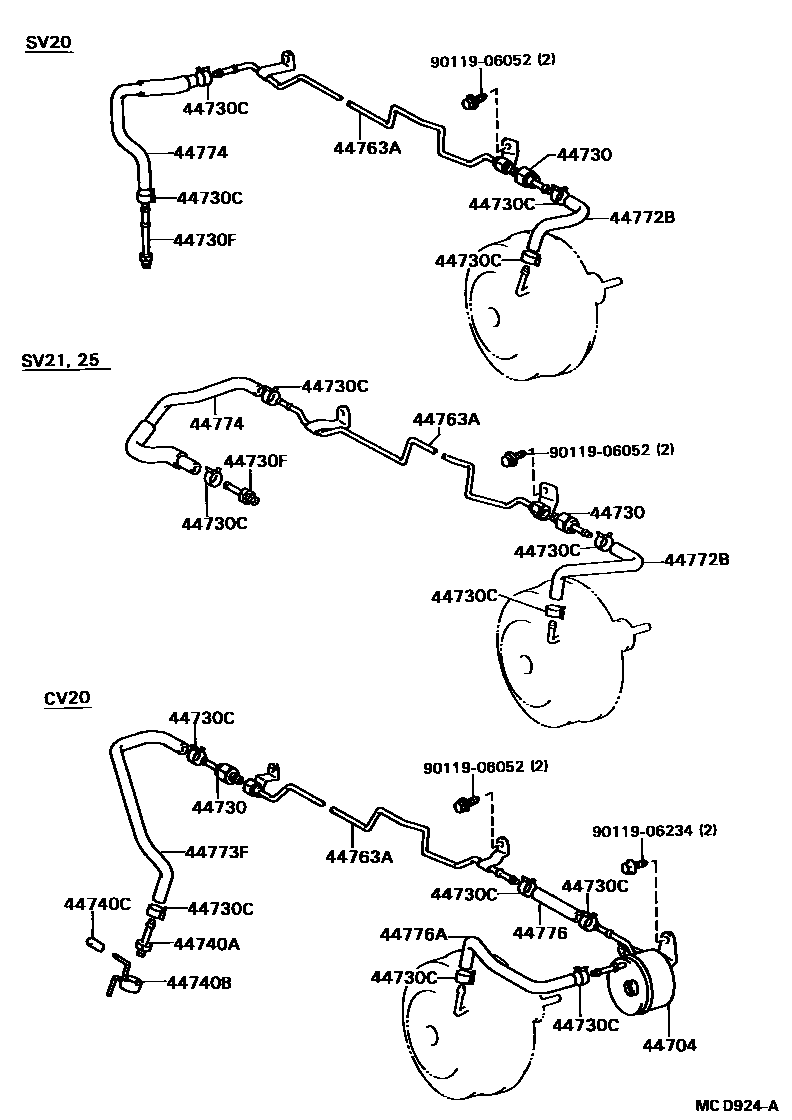 Toyota CAMRY 制动助力器和真空管 EPC diagram — MCD924A