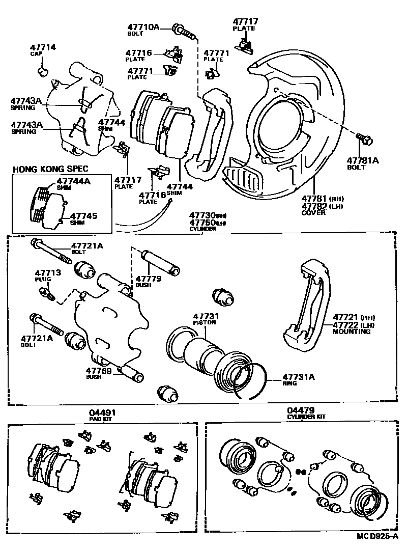 Toyota CAMRY 前盘式制动器卡钳和防尘罩 EPC diagram — MCD925A