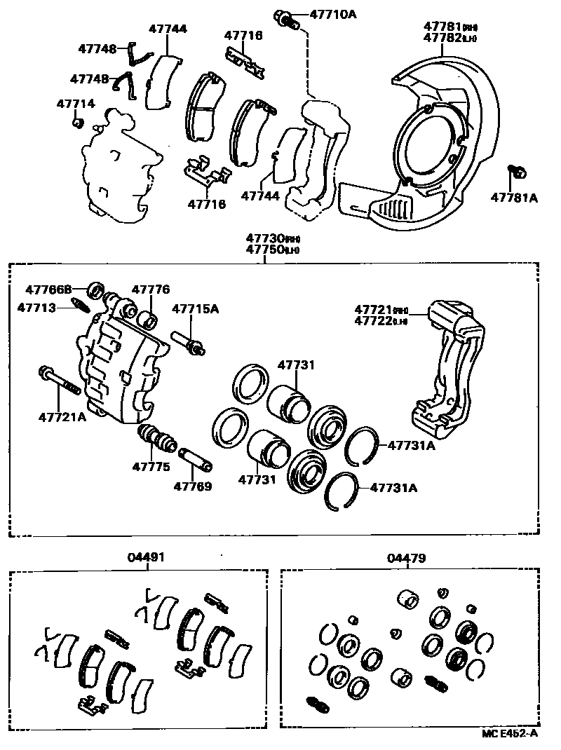 Toyota CAMRY 前盘式制动器卡钳和防尘罩 EPC diagram — MCE452A