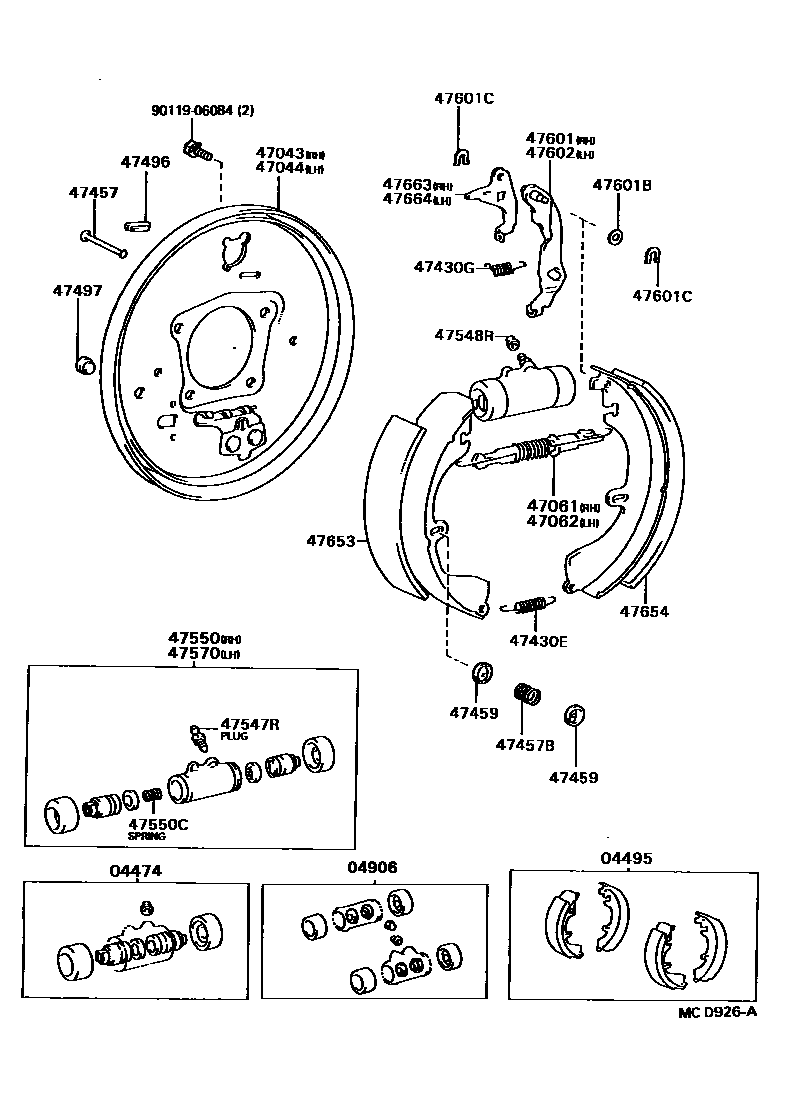 Toyota CAMRY 后鼓式制动器分泵和底板 EPC diagram — MCD926A