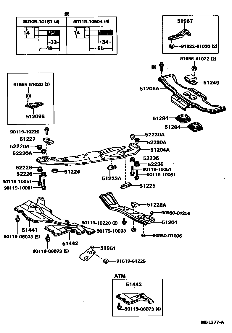 Toyota CAMRY 悬架横梁和发动机底罩 EPC diagram — MBL277A