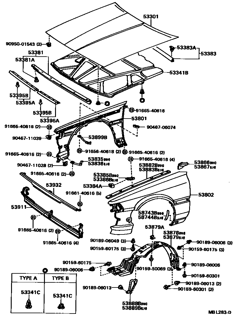 Toyota CAMRY 发动机盖和前翼子板 EPC diagram — MBL283D
