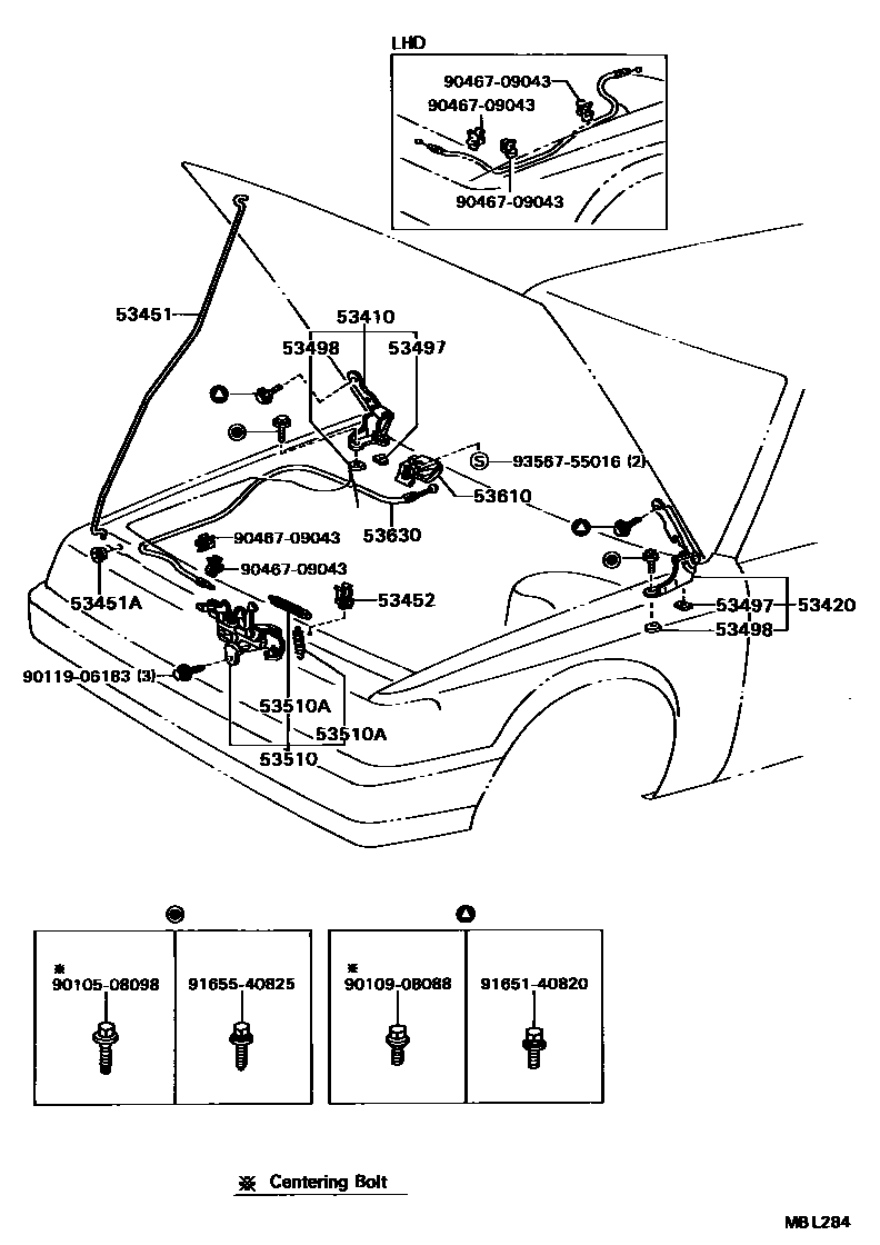 Toyota CAMRY 发动机盖锁和铰链 EPC diagram — MBL284