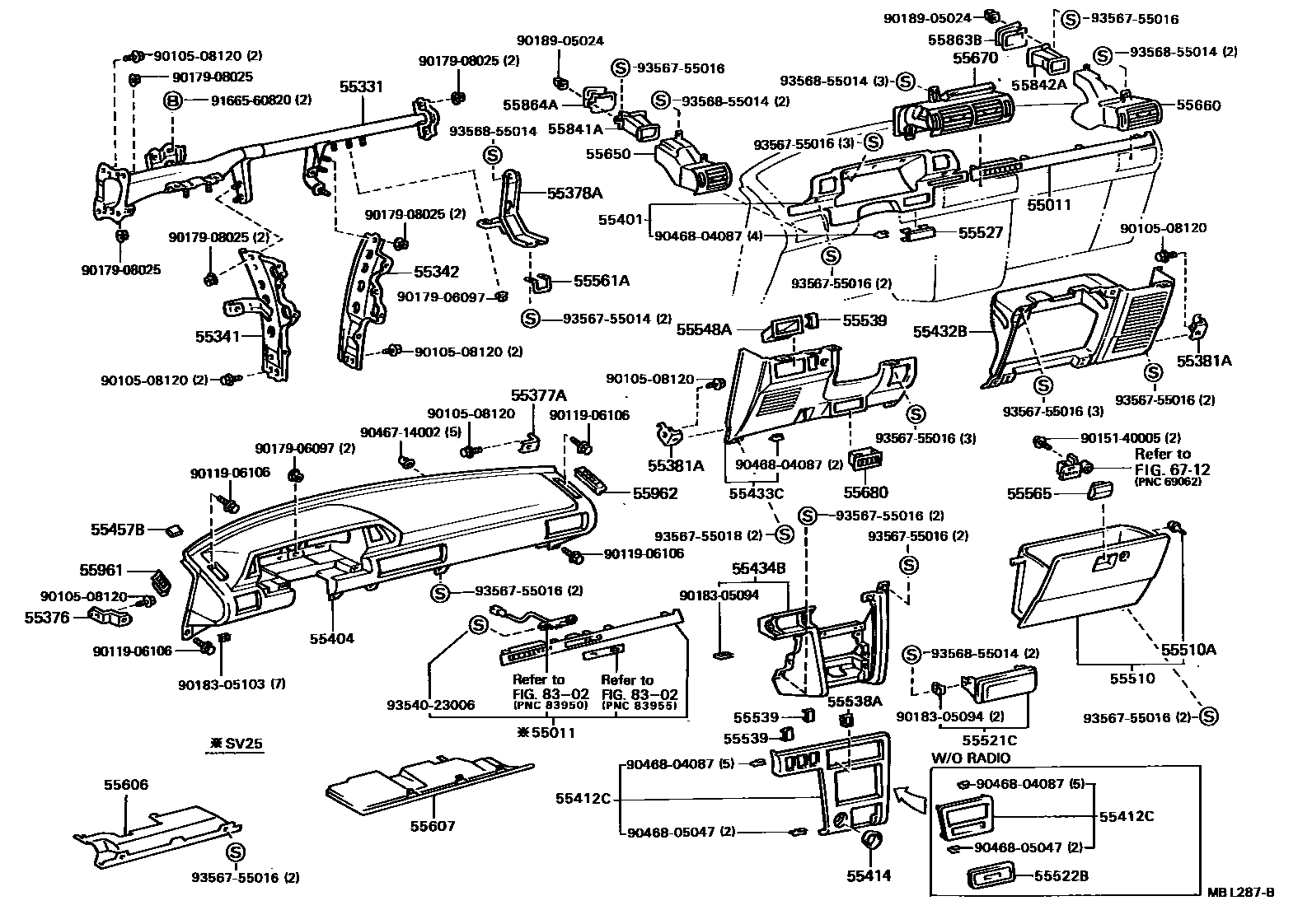 Toyota CAMRY 仪表板和手套箱 EPC diagram — MBL287B