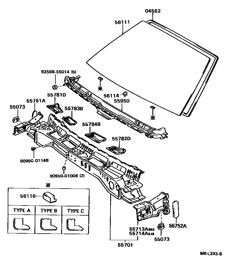 Toyota CAMRY 前围板和挡风玻璃 EPC diagram — MBL393B