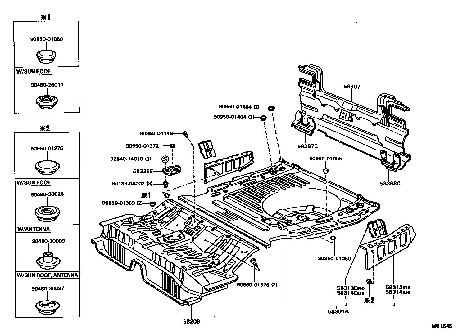Toyota CAMRY 浅盘形地板和车身下背板 EPC diagram — MBL545