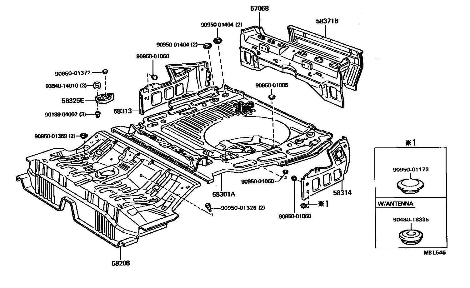 Toyota CAMRY 浅盘形地板和车身下背板 EPC diagram — MBL546