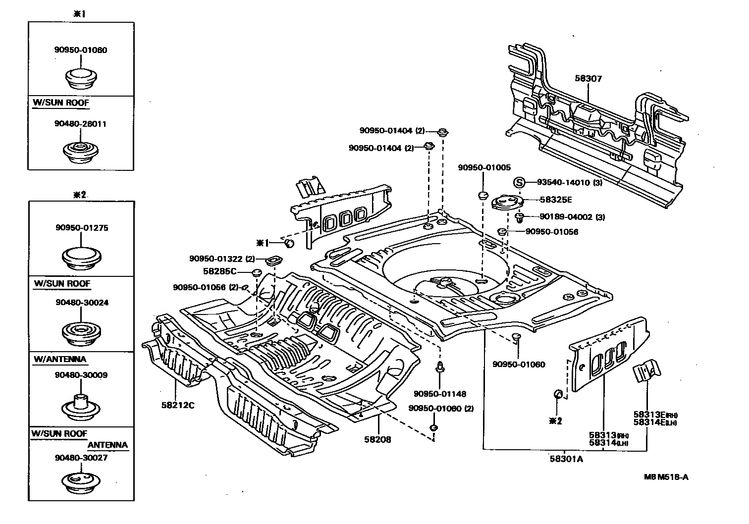 Toyota CAMRY 浅盘形地板和车身下背板 EPC diagram — MBM518A