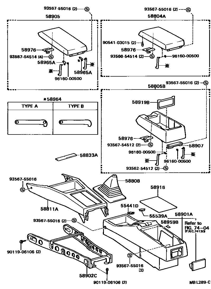 Toyota CAMRY 中央扶手箱和支架 EPC diagram — MBL289C
