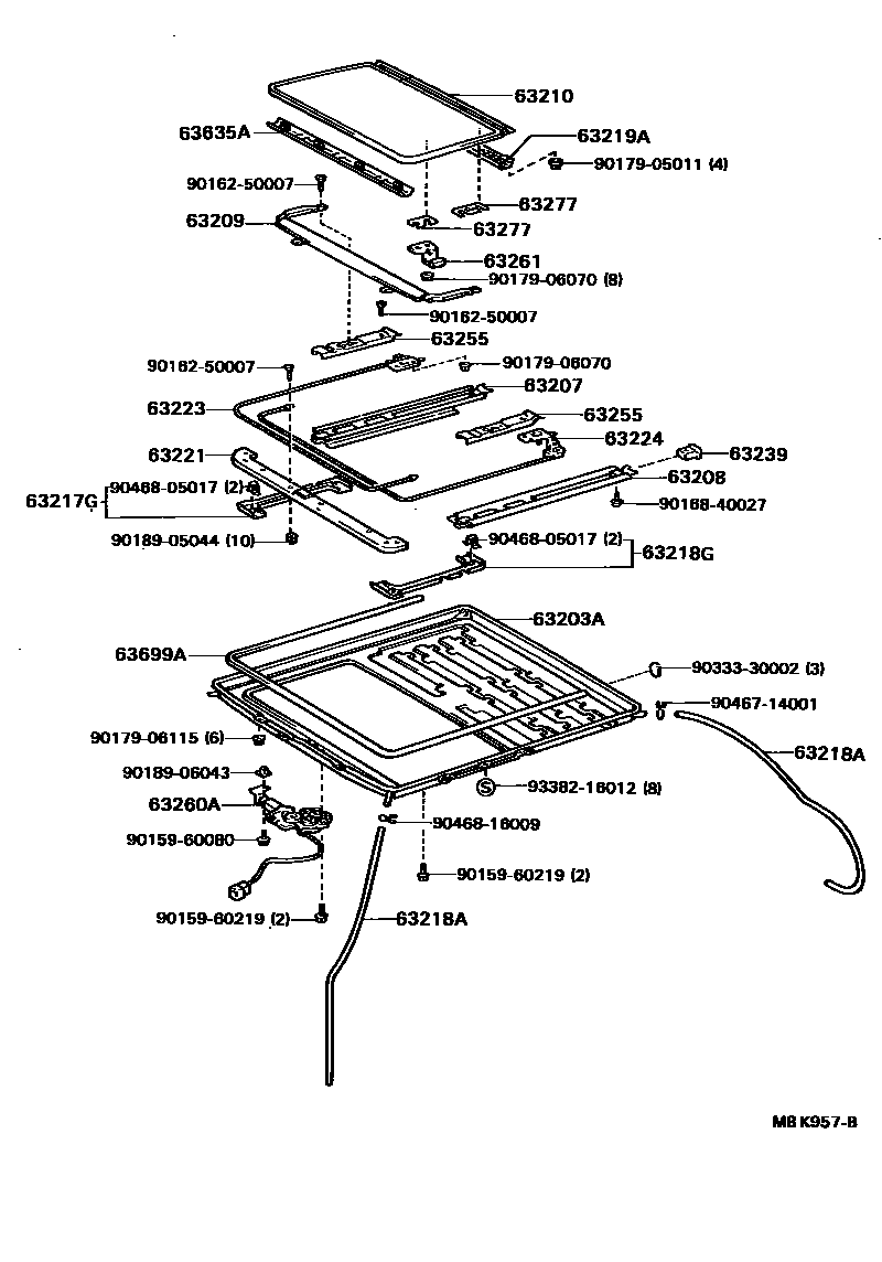 Toyota CAMRY 天窗板和背窗玻璃 EPC diagram — MBK957B
