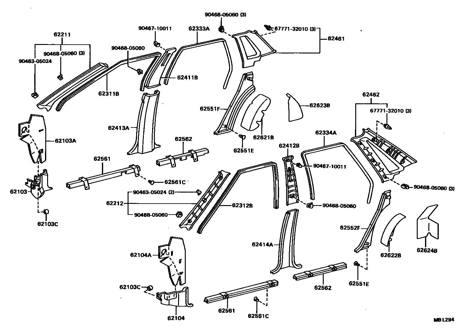 Toyota CAMRY 内饰板和车门防水胶条 EPC diagram — MBL294