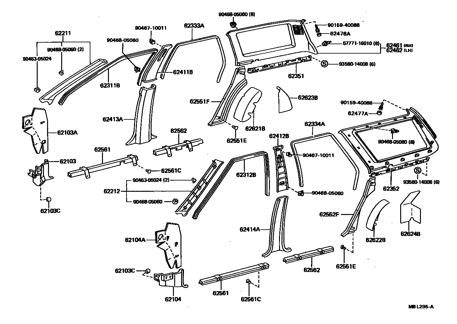 Toyota CAMRY 内饰板和车门防水胶条 EPC diagram — MBL295A