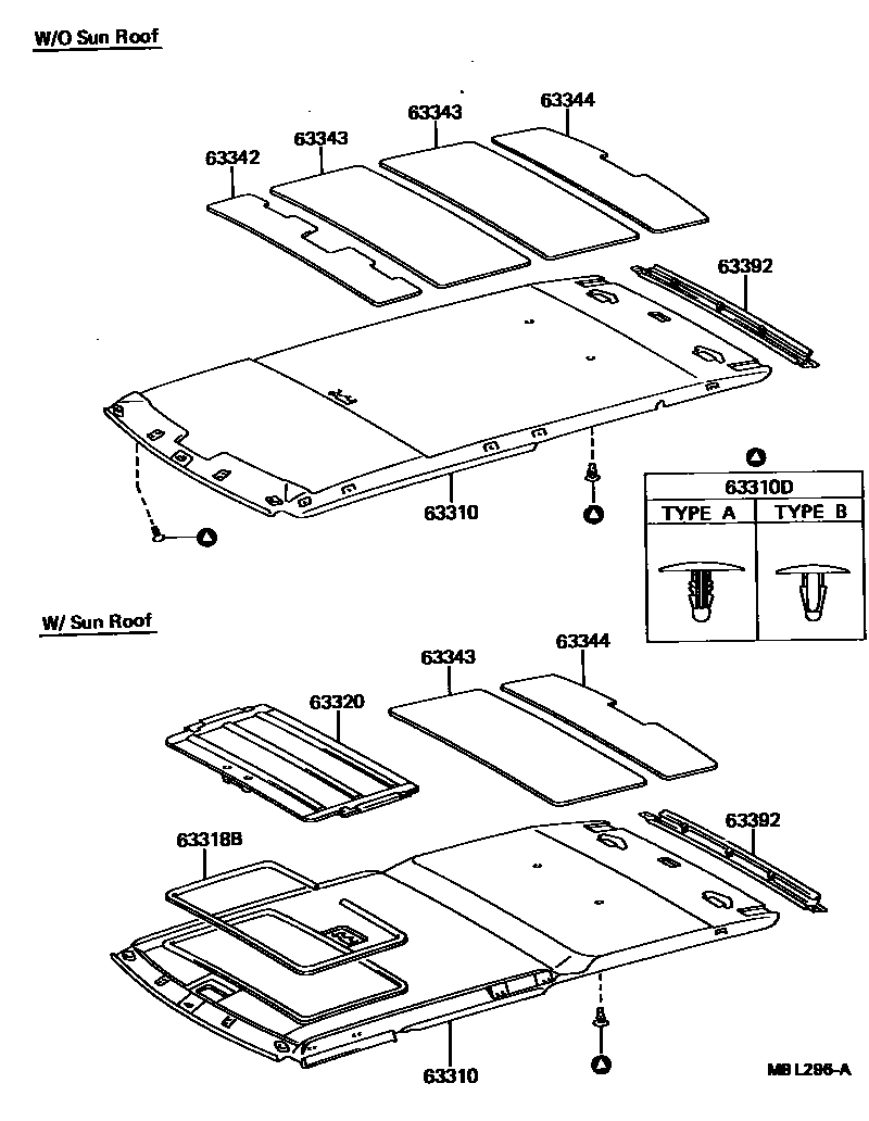 Toyota CAMRY 车顶内衬和消声垫 EPC diagram — MBL296A