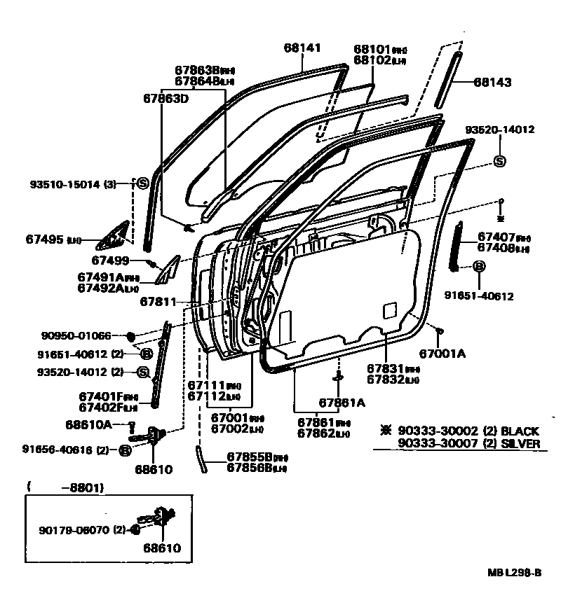 Toyota CAMRY 前门板和前门玻璃 EPC diagram — MBL298B