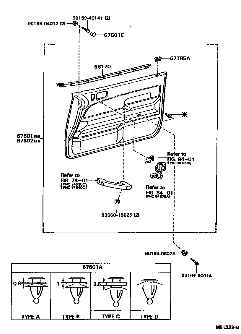 Toyota CAMRY 前门板和前门玻璃 EPC diagram — MBL299B