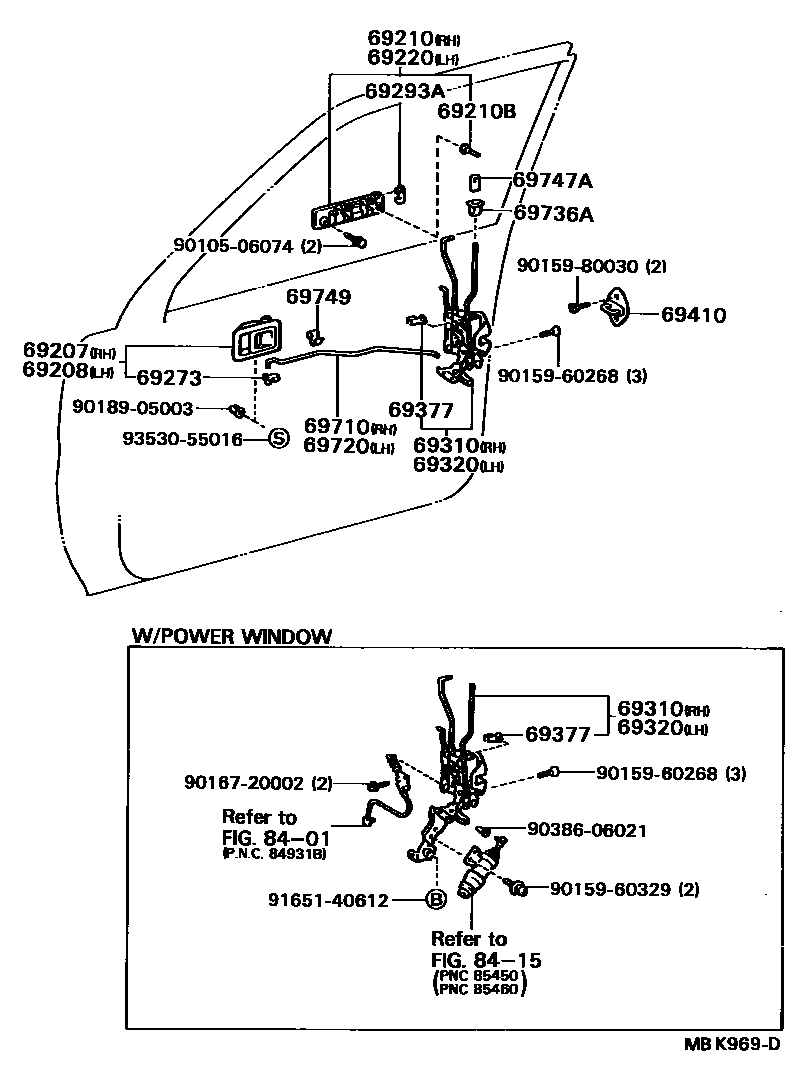 Toyota CAMRY 前门锁和车门把手 EPC diagram — MBK969D