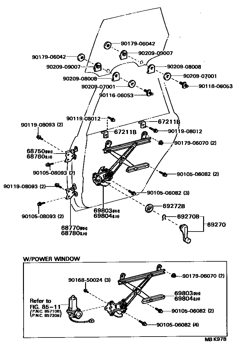 Toyota CAMRY 后门车窗升降器和合页 EPC diagram — MBK978
