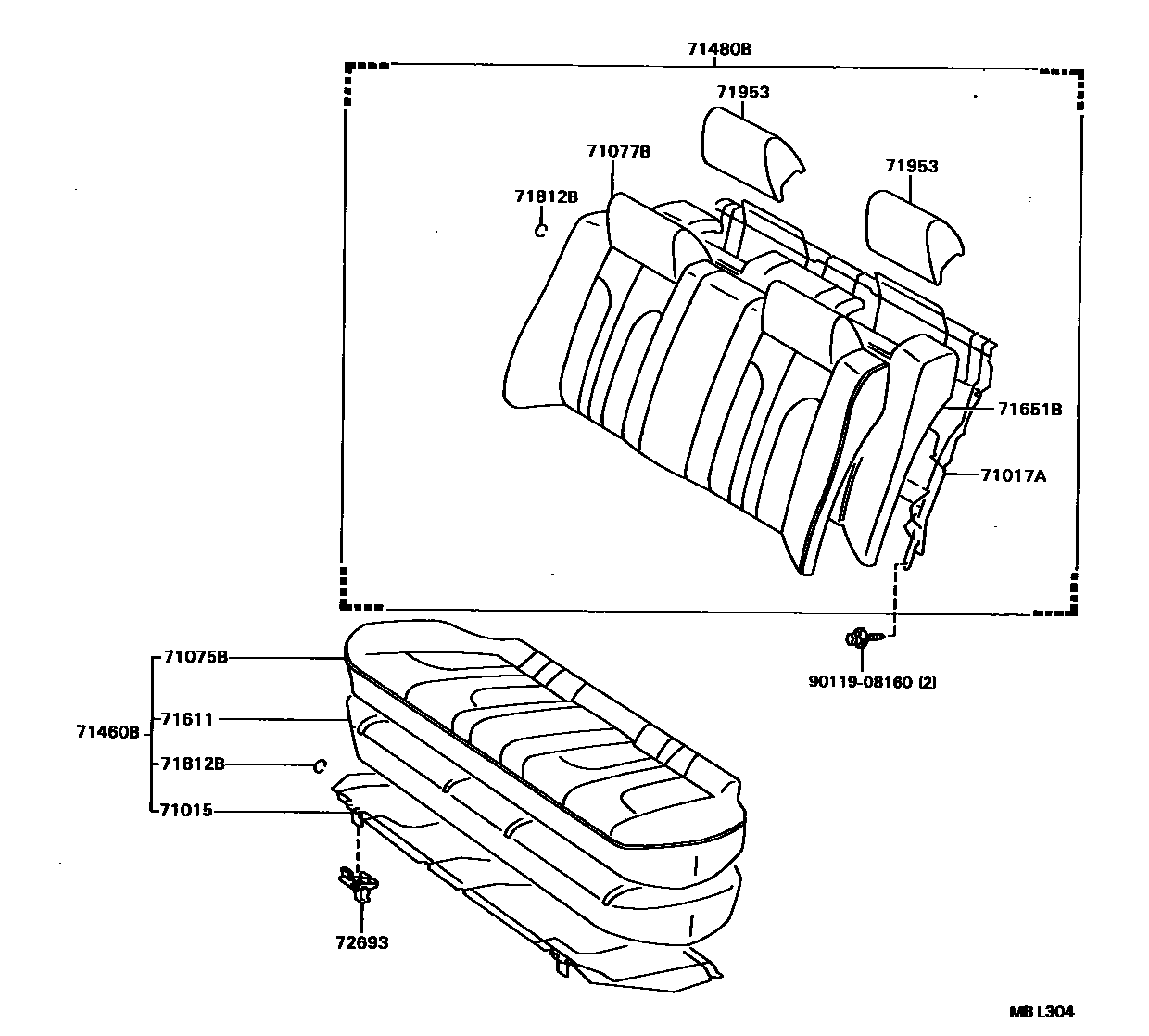 Toyota CAMRY 后排座椅和座椅滑轨 EPC diagram — MBL304