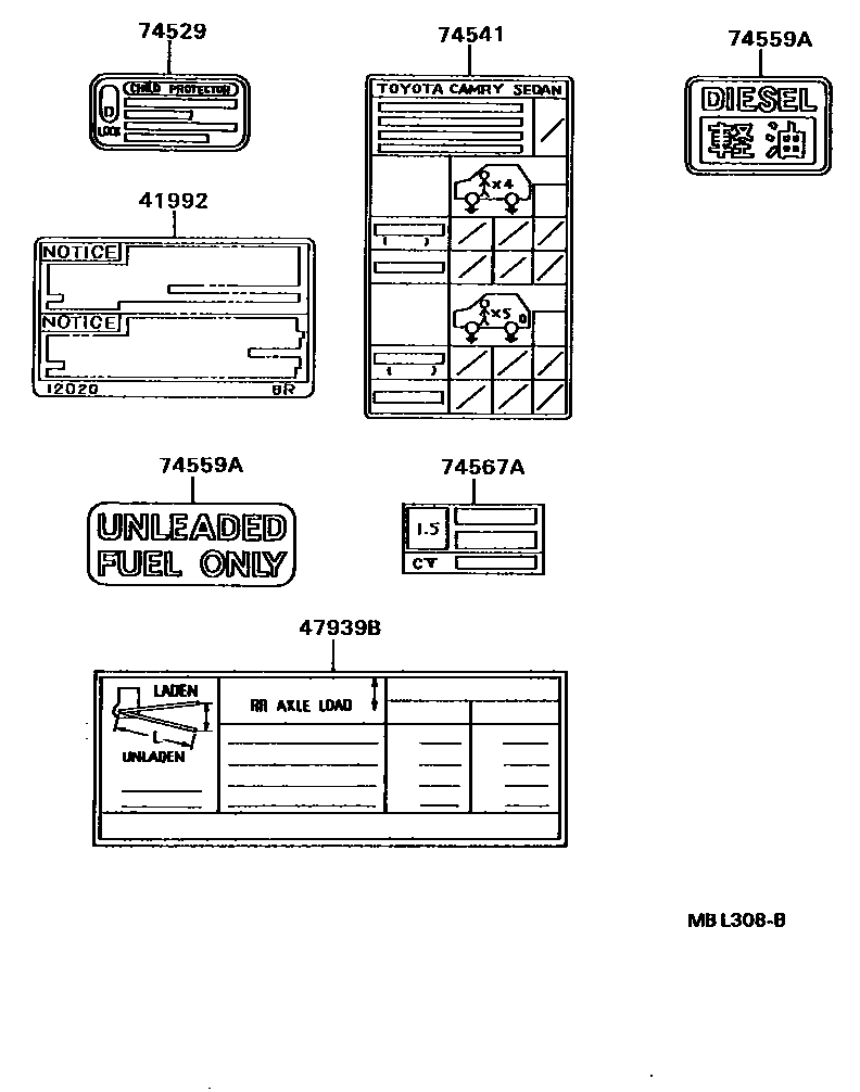 Toyota CAMRY 警示铭牌(车外和车内) EPC diagram — MBL308B