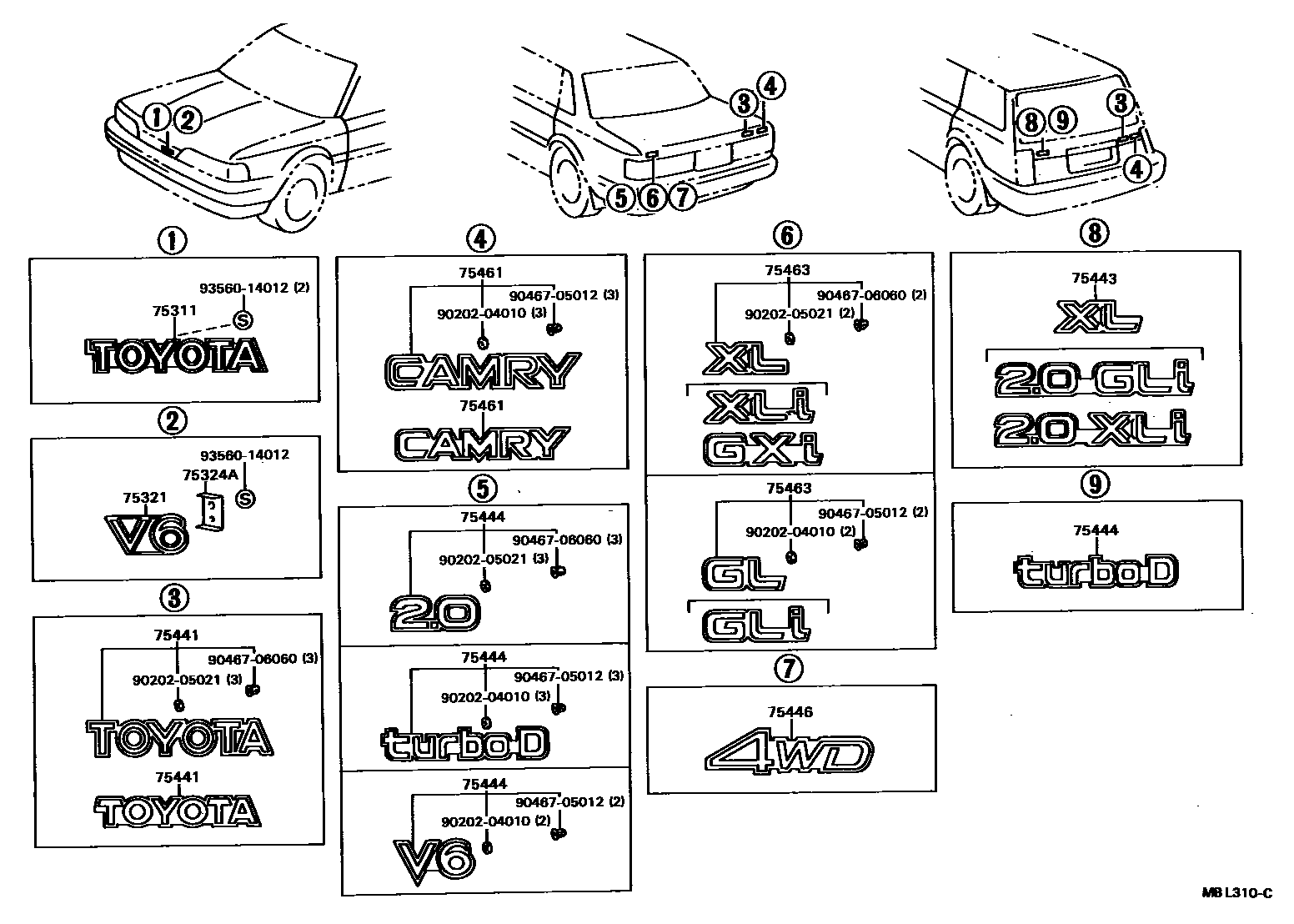 Toyota CAMRY 丰田徽标和铭牌(车外和车内) EPC diagram — MBL310C