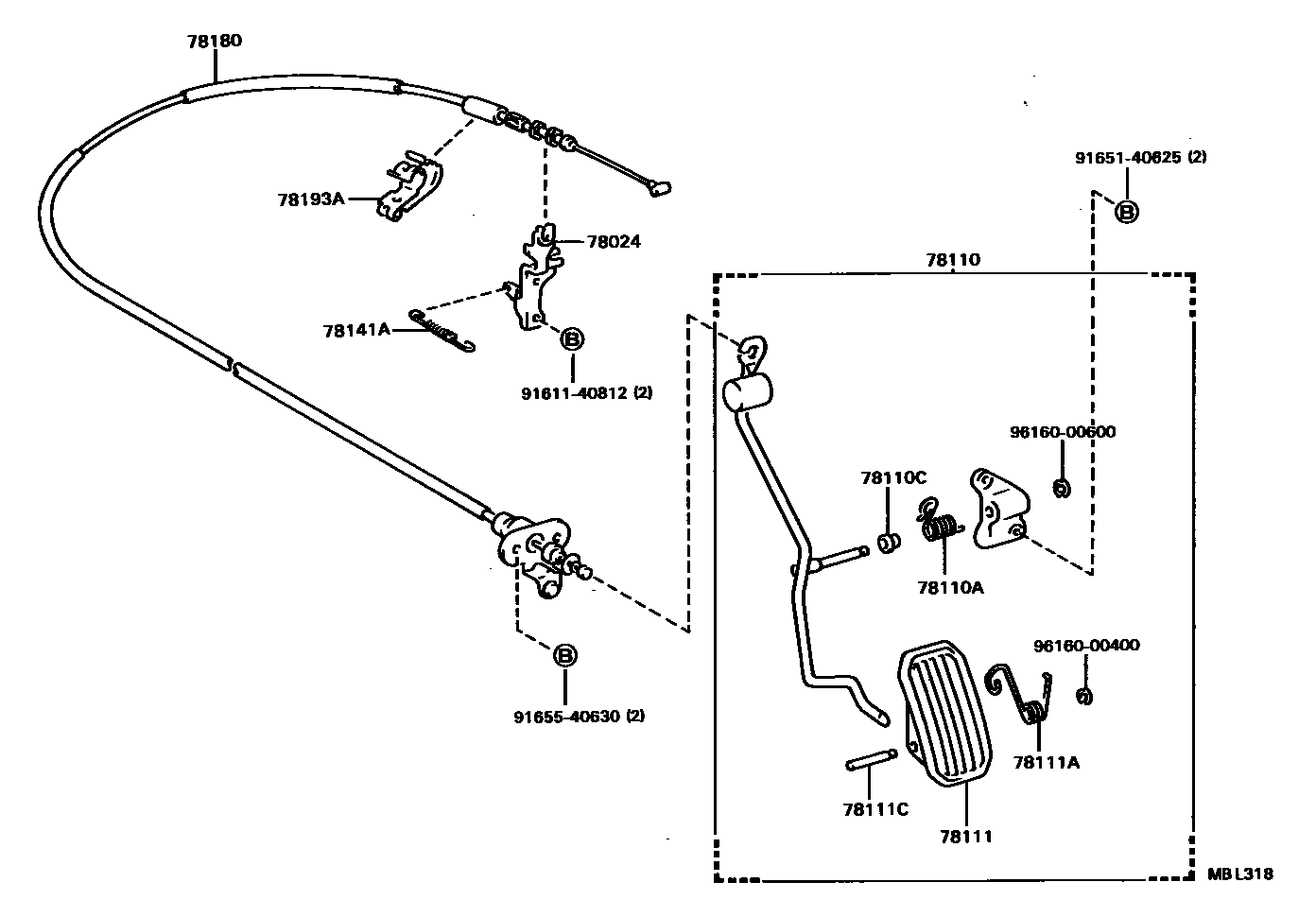 Toyota CAMRY accelerator pedal connecting rod EPC diagram — MBL318
