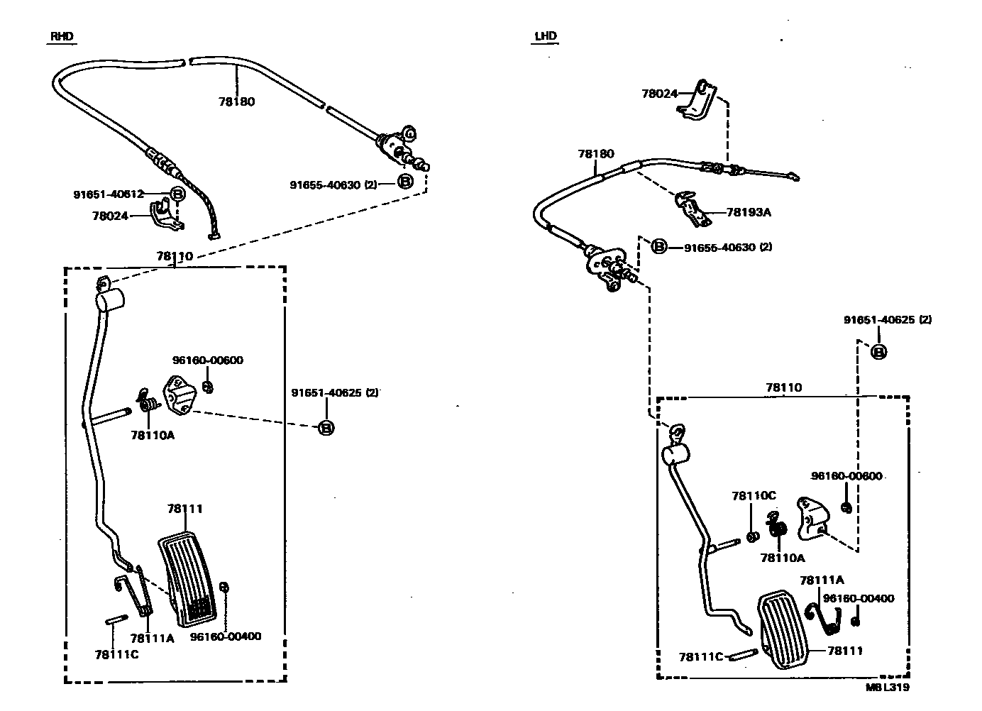 Toyota CAMRY accelerator pedal connecting rod EPC diagram — MBL319