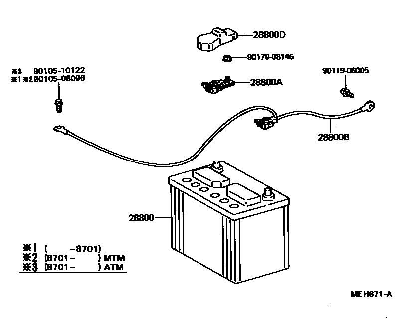 Toyota CAMRY 蓄电池和蓄电池电缆 EPC diagram — MEH871A