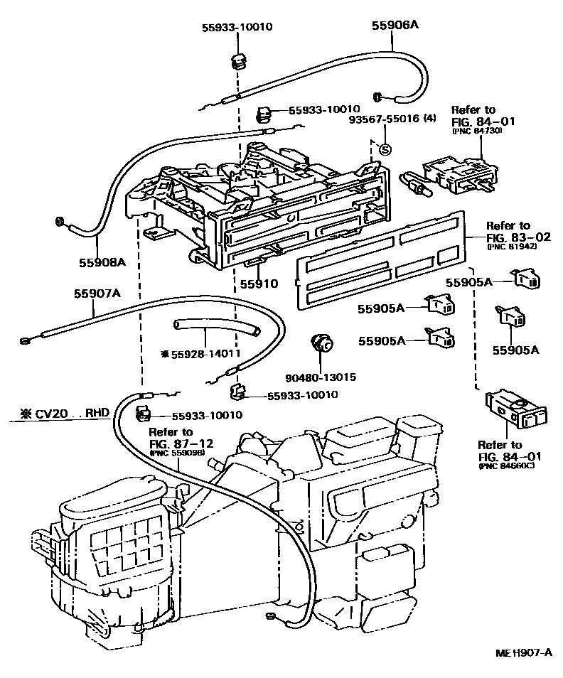 Toyota CAMRY 暖风和空调系统 - 控制器和风管 EPC diagram — MEH907A