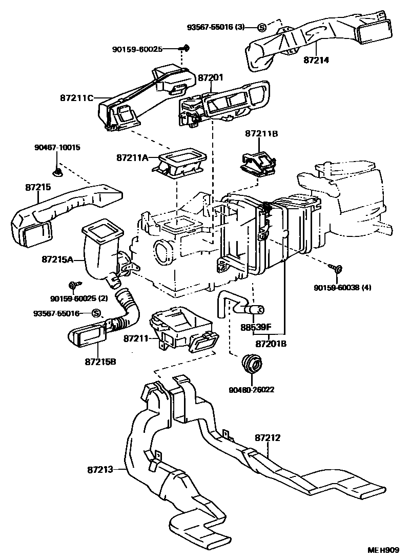 Toyota CAMRY 暖风和空调系统 - 控制器和风管 EPC diagram — MEH909