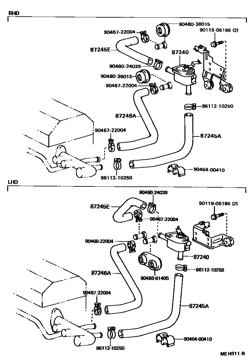 Toyota CAMRY 暖风和空调系统 - 水管 EPC diagram — MEH911B