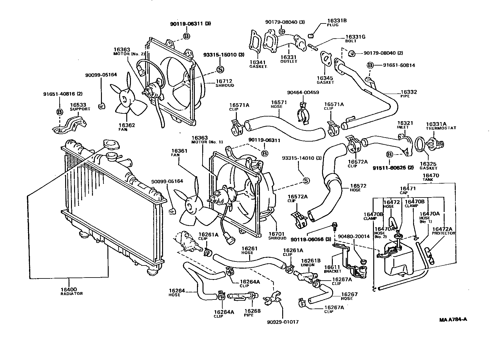 Toyota CAMRY RADIATOR & WATER OUTLET EPC diagram — MAA784A