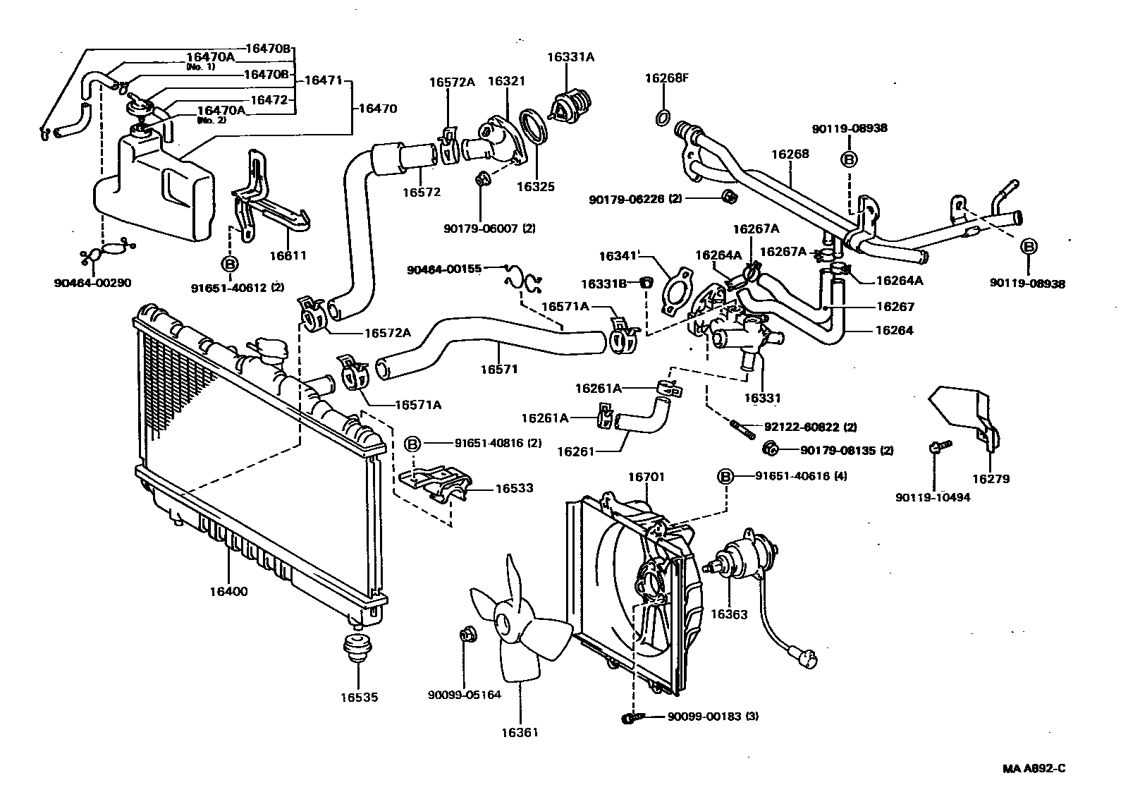 Toyota CAMRY RADIATOR & WATER OUTLET EPC diagram — MAA892C