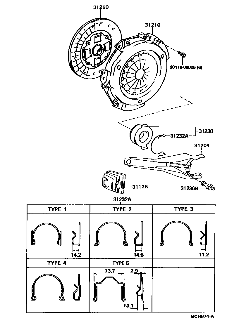 Toyota CAMRY 离合器和分离叉 EPC diagram — MCH674A