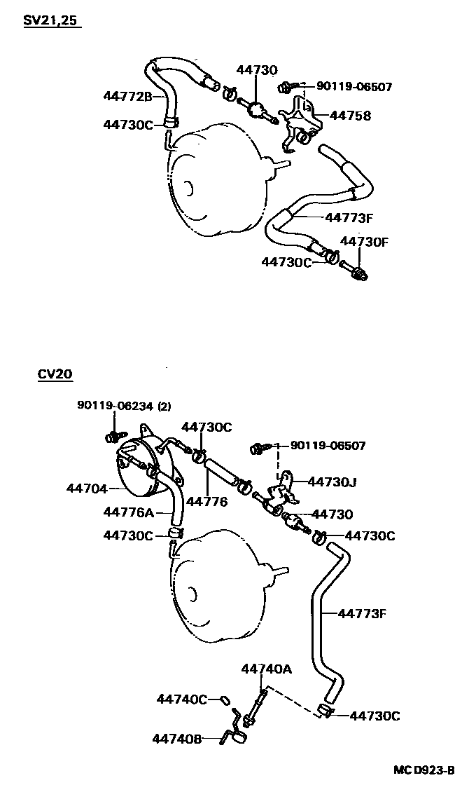 Toyota CAMRY 制动助力器和真空管 EPC diagram — MCD923B