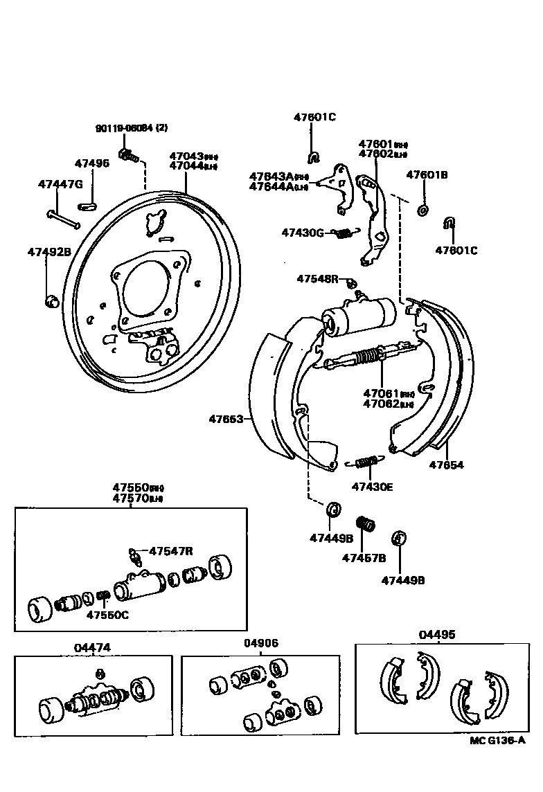 Toyota CAMRY 后鼓式制动器分泵和底板 EPC diagram — MCG136A