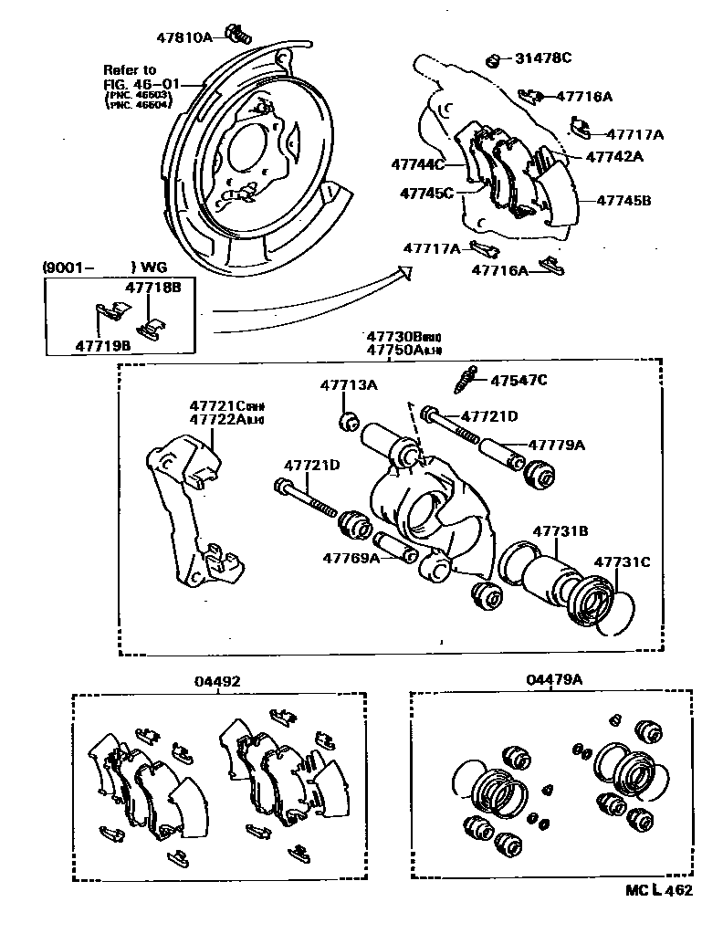 Toyota CAMRY 后盘式制动器卡钳和防尘罩 EPC diagram — MCL462