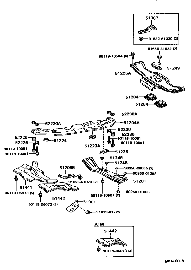 Toyota CAMRY 悬架横梁和发动机底罩 EPC diagram — MBN901A