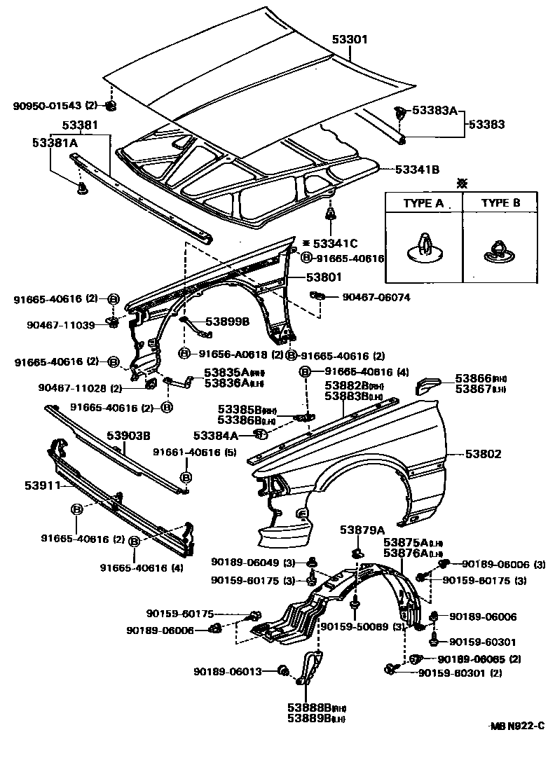 Toyota CAMRY 发动机盖和前翼子板 EPC diagram — MBN922C