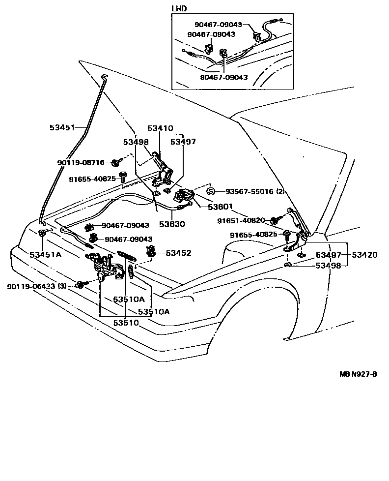 Toyota CAMRY 发动机盖锁和铰链 EPC diagram — MBN927B