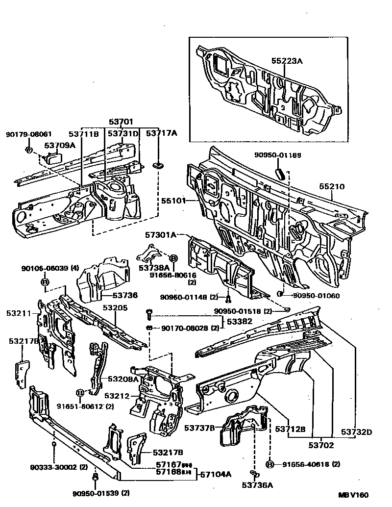 Toyota CAMRY 前翼子板挡泥板和前围板 EPC diagram — MBV160