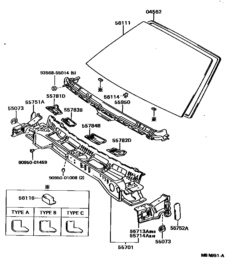Toyota CAMRY 前围板和挡风玻璃 EPC diagram — MBN951A